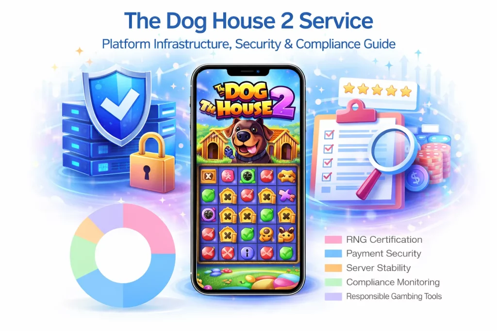 The Dog House 2 slot displayed on a smartphone with security shield, server infrastructure, compliance checklist and service reliability chart illustrating platform security and certified gaming environment.