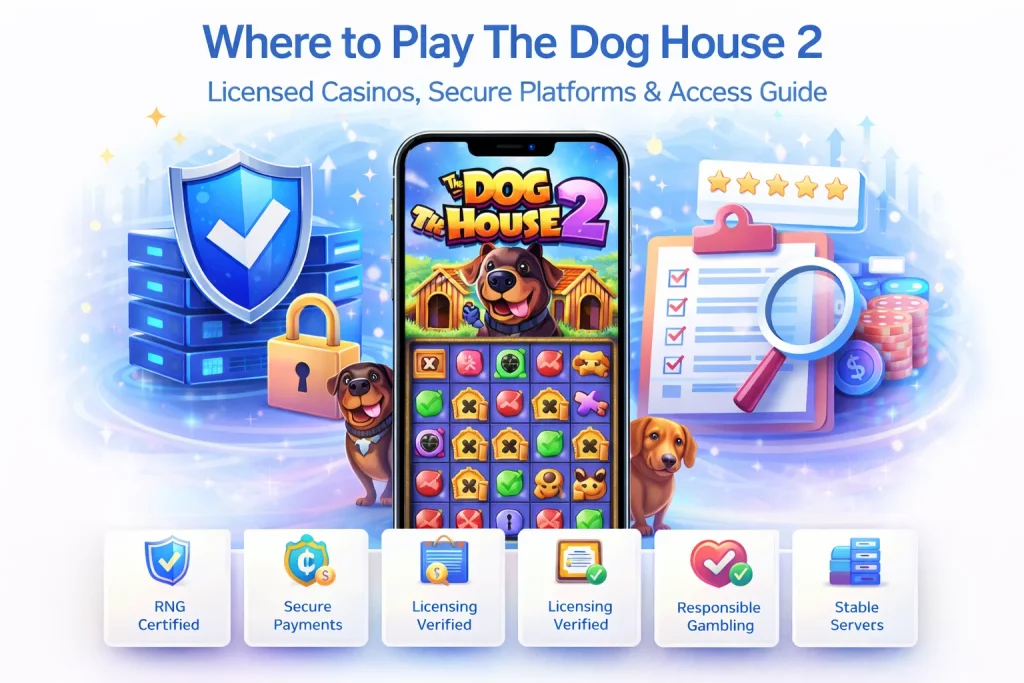 The Dog House 2 slot shown on a smartphone with security shield, verified licensing checklist, secure payment icons and stable server symbols representing licensed and secure online casino platforms.