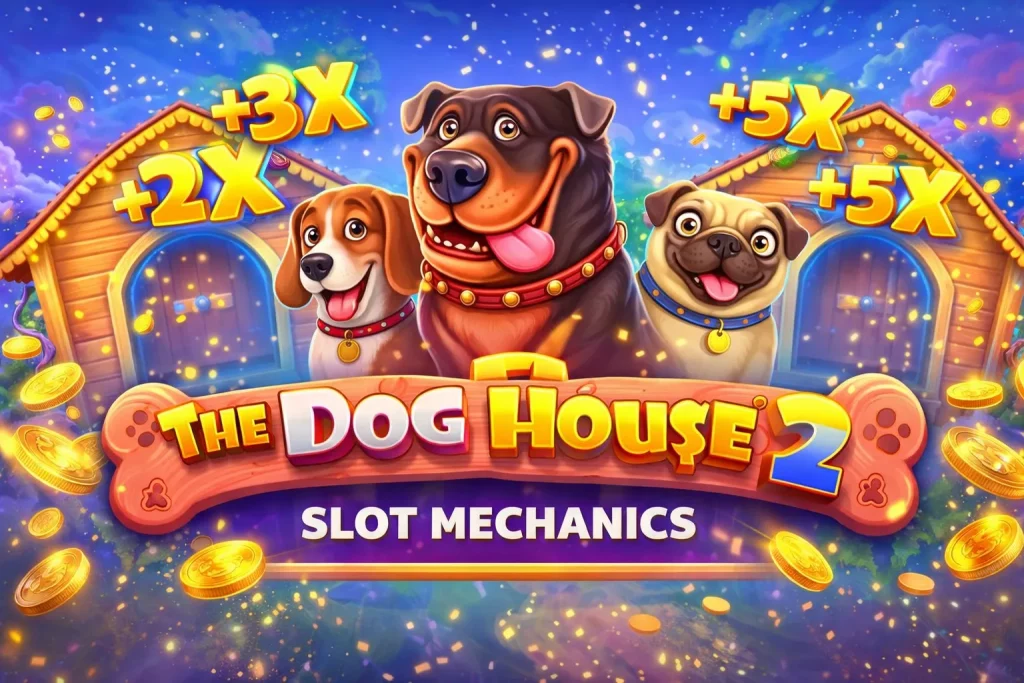 The Dog House 2 Slot mechanics banner with cartoon Rottweiler, Beagle and Pug in front of glowing dog houses showing 2x, 3x and 5x multipliers, golden coins and colorful night background