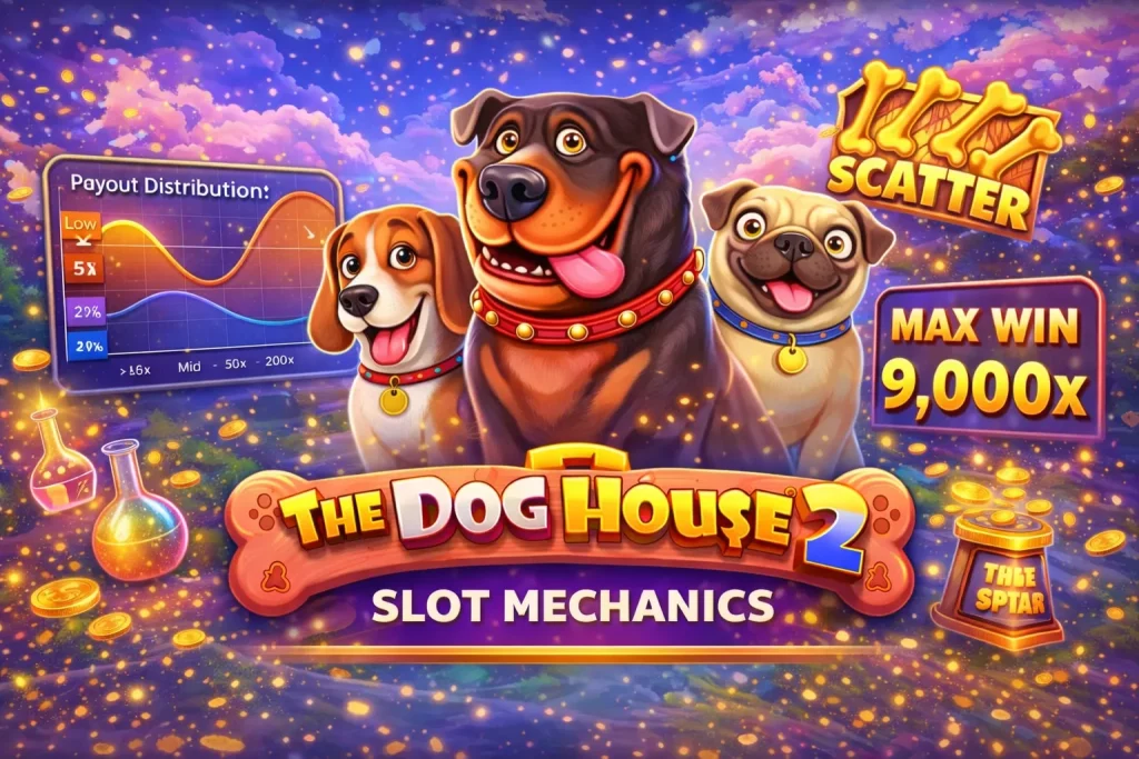 The Dog House 2 Slot mechanics banner with cartoon Rottweiler, Beagle and Pug in front of glowing dog houses showing 2x, 3x and 5x multipliers, golden coins and colorful night background