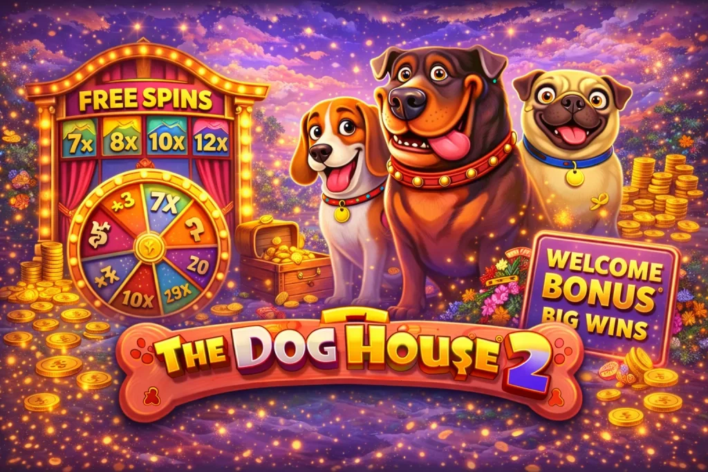 The Dog House 2 slot inspired artwork featuring three cartoon dogs beside a bonus wheel, treasure chest and casino-style doghouse under a glowing night sky