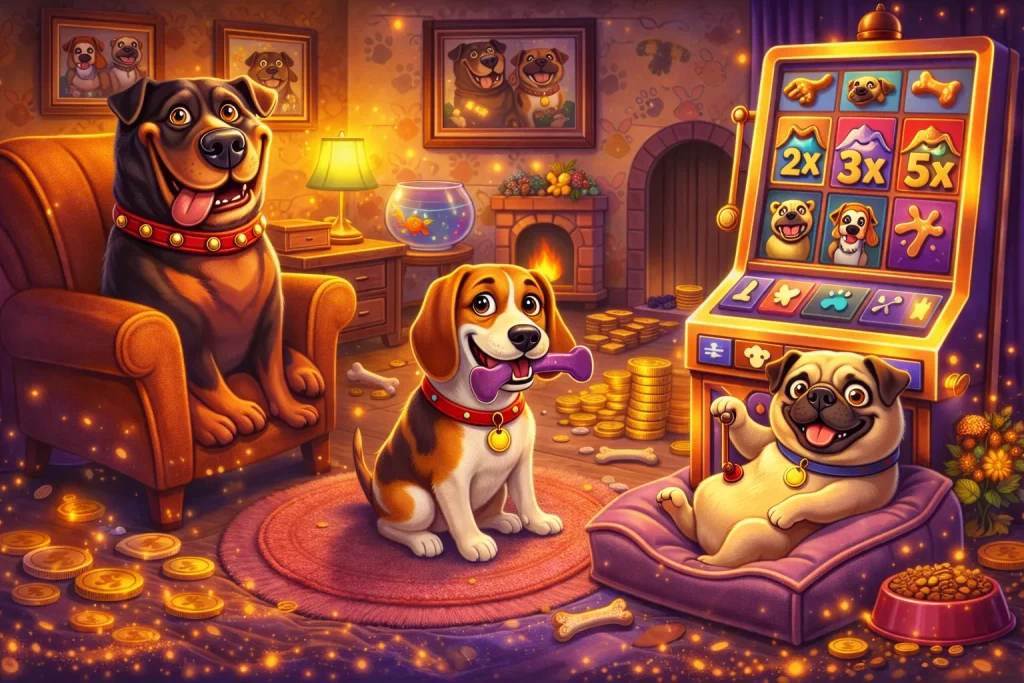 The Dog House 2 themed illustration showing three dogs playing a slot machine inside a cozy living room with fireplace, coins and colorful slot symbols