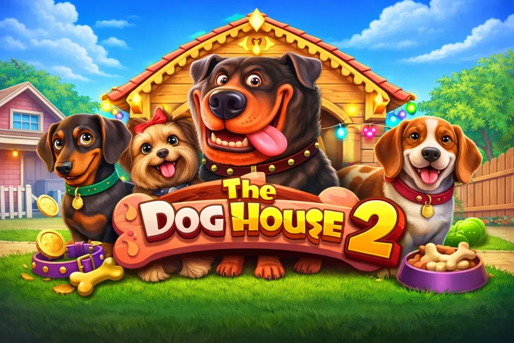 The Dog House 2 slot game illustration with cartoon dogs in a wooden doghouse, glowing lanterns, coins and playful backyard at night