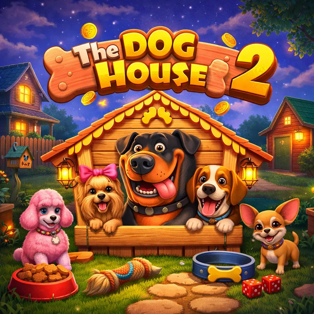 Colorful The Dog House 2 online slot artwork featuring happy dogs, golden coins, bone symbols and cozy night garden scene
